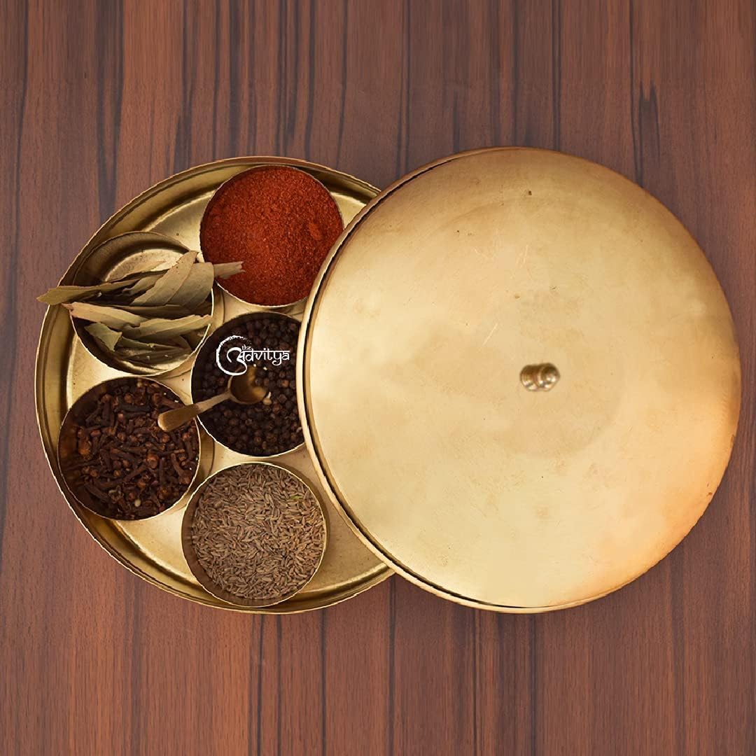 The AdvityaBrass Spice Box, 9x9x2.7 inches, 7 Compartments, Vintage-Handmade, 1071 ml, Gold