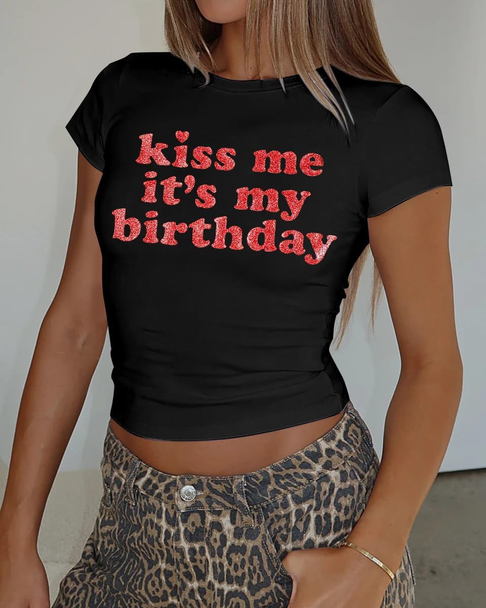 Birthday Shirts for Women Kiss Me Its My Birthday Shirt Crop Top Glitter Graphic Birthday Squad Shirts Birthday Party Tops - Image 2