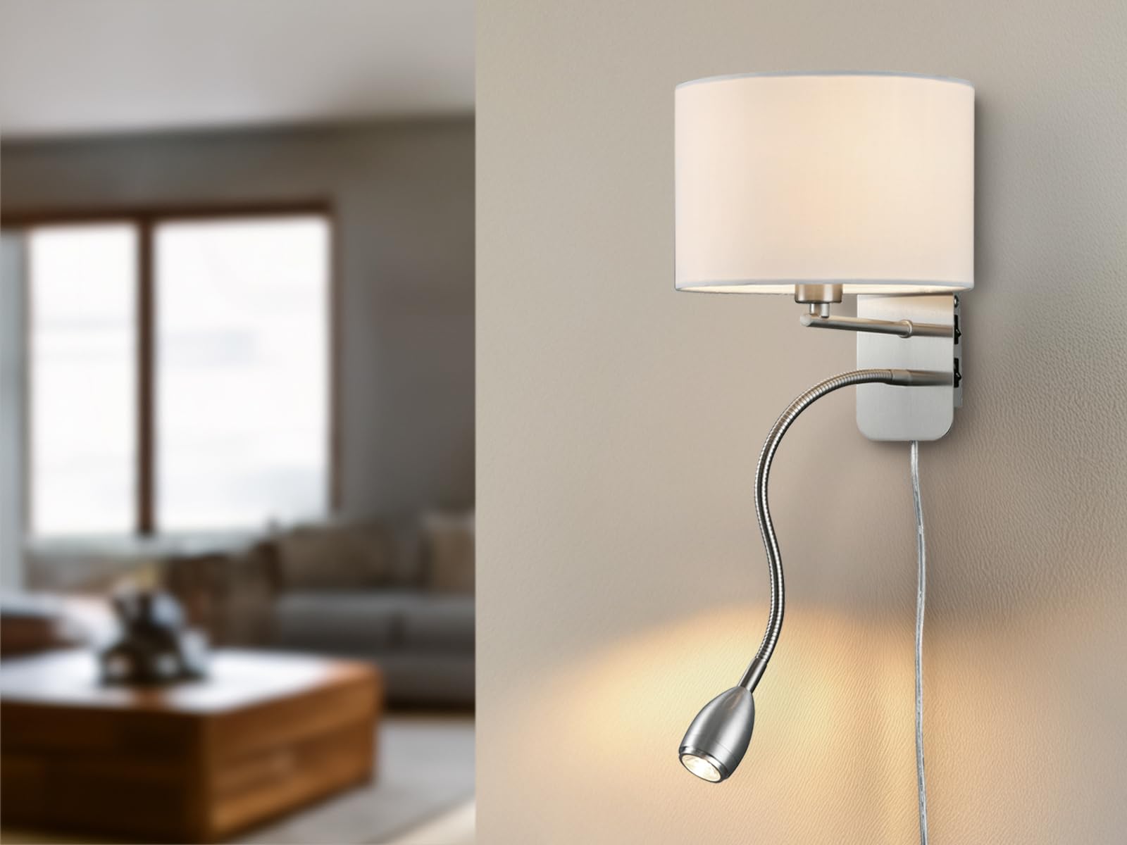 meineWunschleuchte Wandleuchte mit Leselampe, Schalter, Kabel und Stecker, Stoff Lampenschirm Weiß, Korpus Metall Silber, Höhe 23,5cm inkl. stufenweise dimmbarem E14 Leuchtmittel