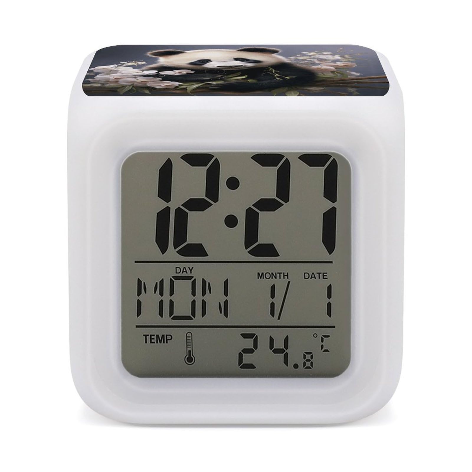 VstaDank Panda with Flower Alarm Clock for Bedrooms Small Clocks with 7 Color Night Light Desk Clock with Large Numbers Loud Wake Up Timer Ideal for Gift & Room Decor