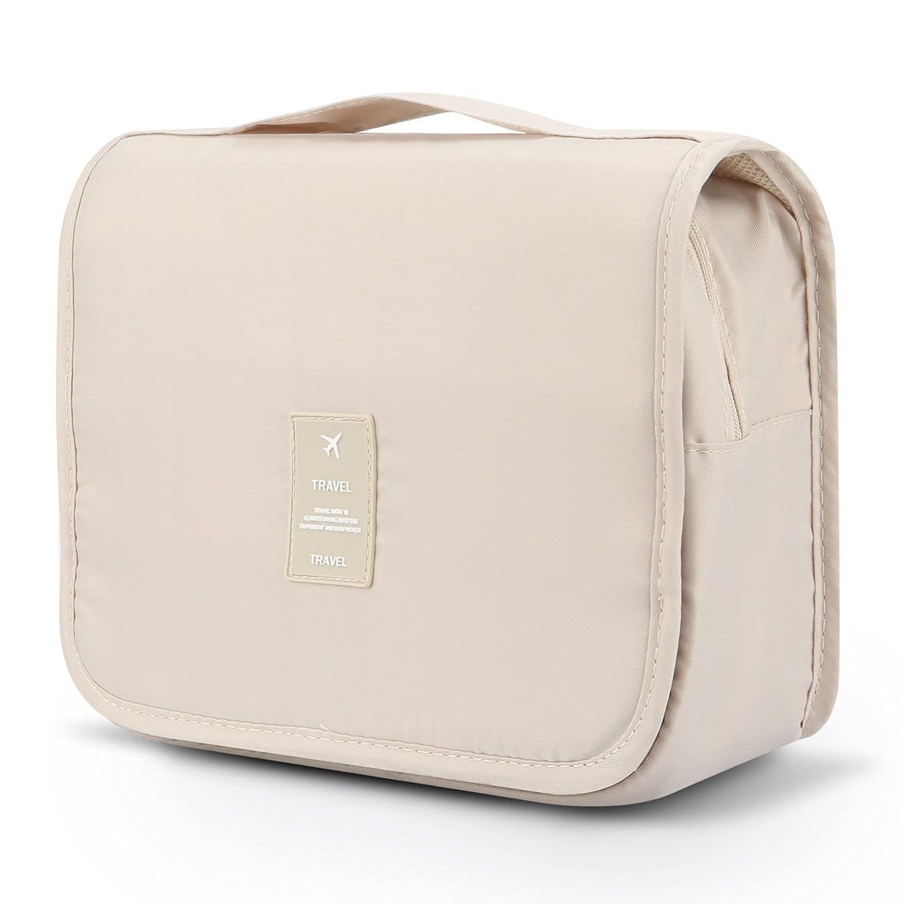 Travel Toiletry Bag Hanging Cosmetic Organizer – Waterproof Medium Makeup Bag for Women with Compartments & Hook | Portable Folding Kit for Travel, Bathroom, Gym – Beige, 10cm-image-9