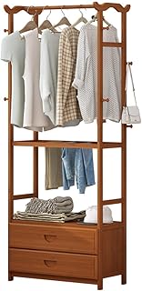JFJL Support De Vêtement Libre en Bambou, Étagère De Placard D'entrée avec Deux Tiroirs, Étagères De Rangement Portatives pour Organisateur De Vêtements avec Rail De Suspension pour Petit Espace