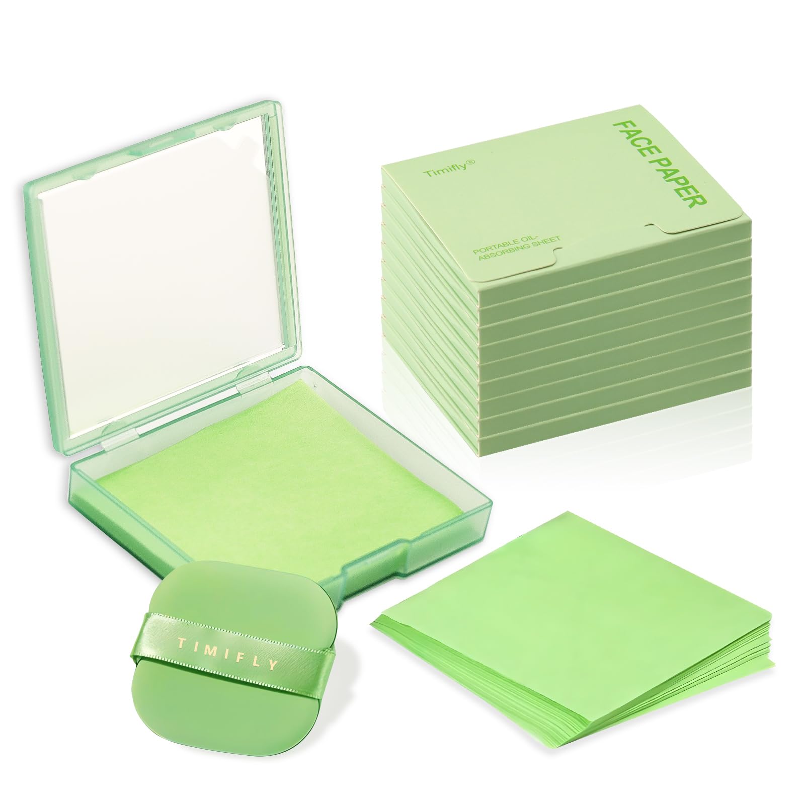 1000 fogli di carta assorbente per il viso con specchio e piumino per la cipria, Salviette Opacizzanti Viso Sebo per il di Uomo e Donne(tè verde)