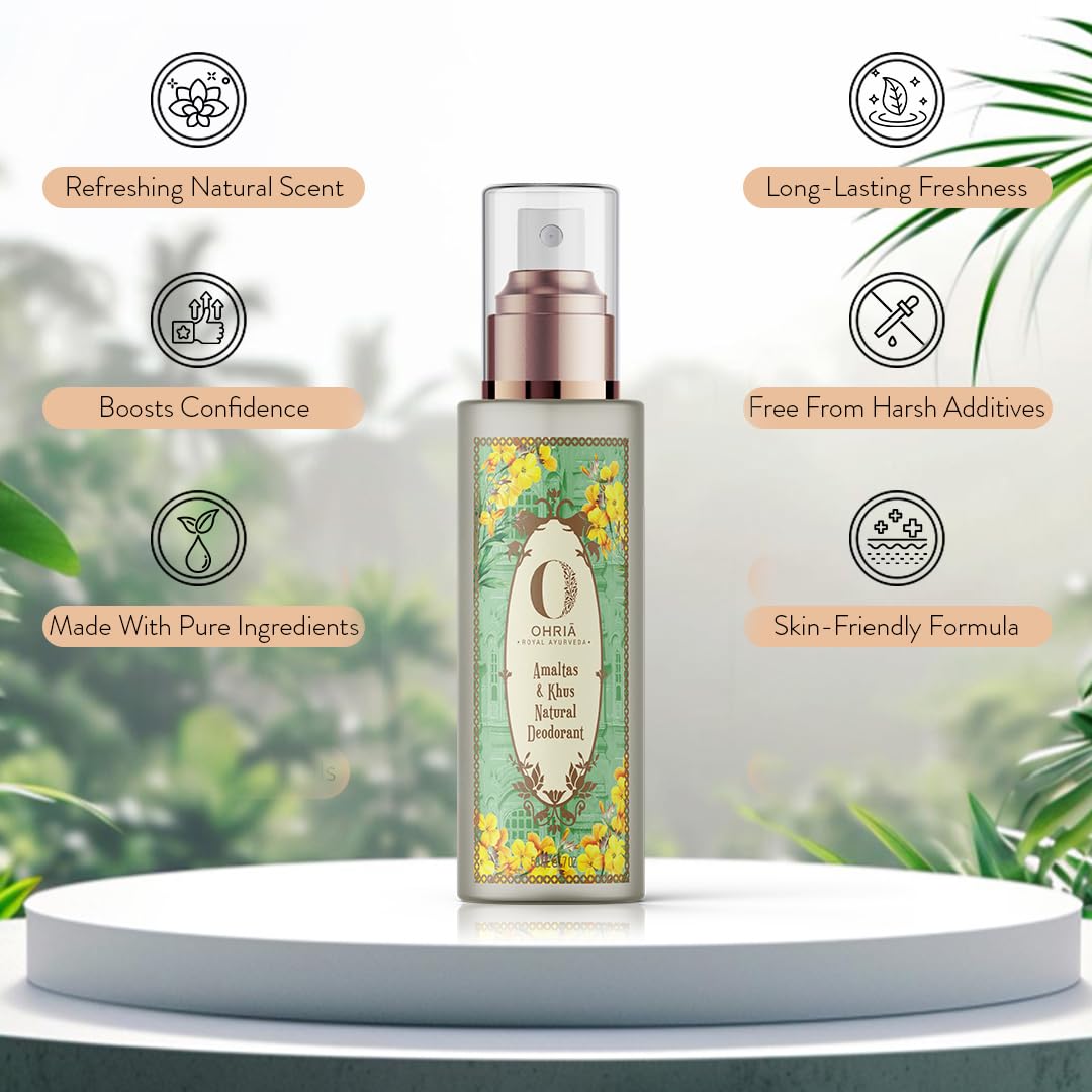 Ohria Ayurveda Amaltas & Khus Natural Deodorant | Herbal Deodorant with Sandalwood, Aloe Vera & Mint | Unisex, Antibacterial, Cooling & Hydrating | 50ml - Image 3 thumbnail