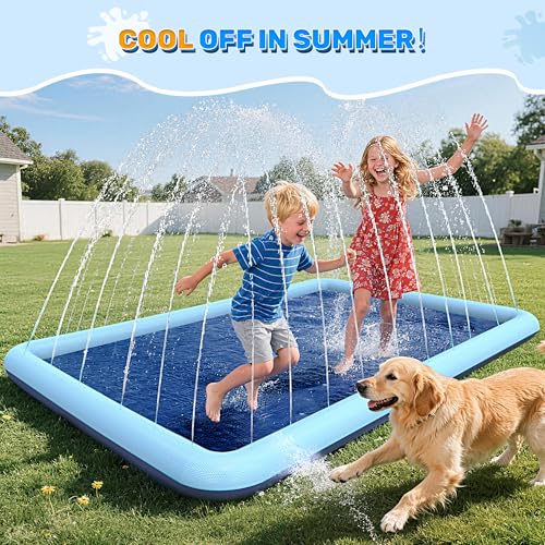 Image of 97 x 67 in Rectangle Splash Pad for Dogs & Kids, Non-Slip Sprinkler Pool, Shallow Water Play Mat for Toddlers, Outdoor Backyard Summer Toys, Teal