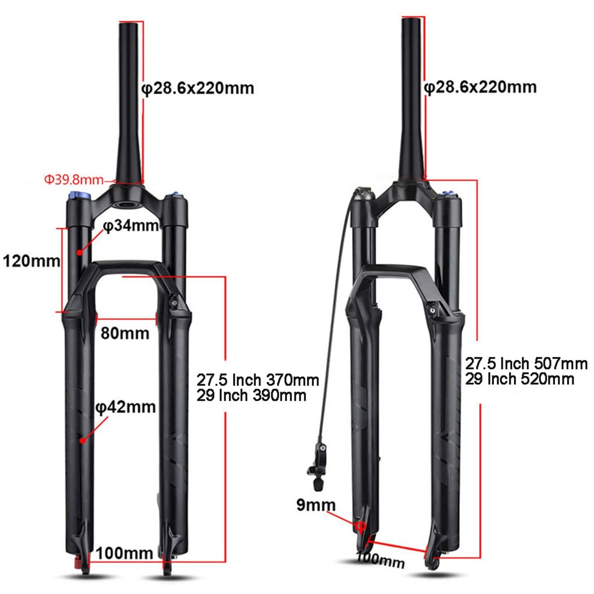 Horquilla de suspensión MTB de 27,5 y 29 Pulgadas, cónica, de 28,6 mm, Horquilla Delantera para Bicicleta de montaña, QR 9 * 100 mm de Recorrido, Amortiguador de Aire de 120 mm, XC