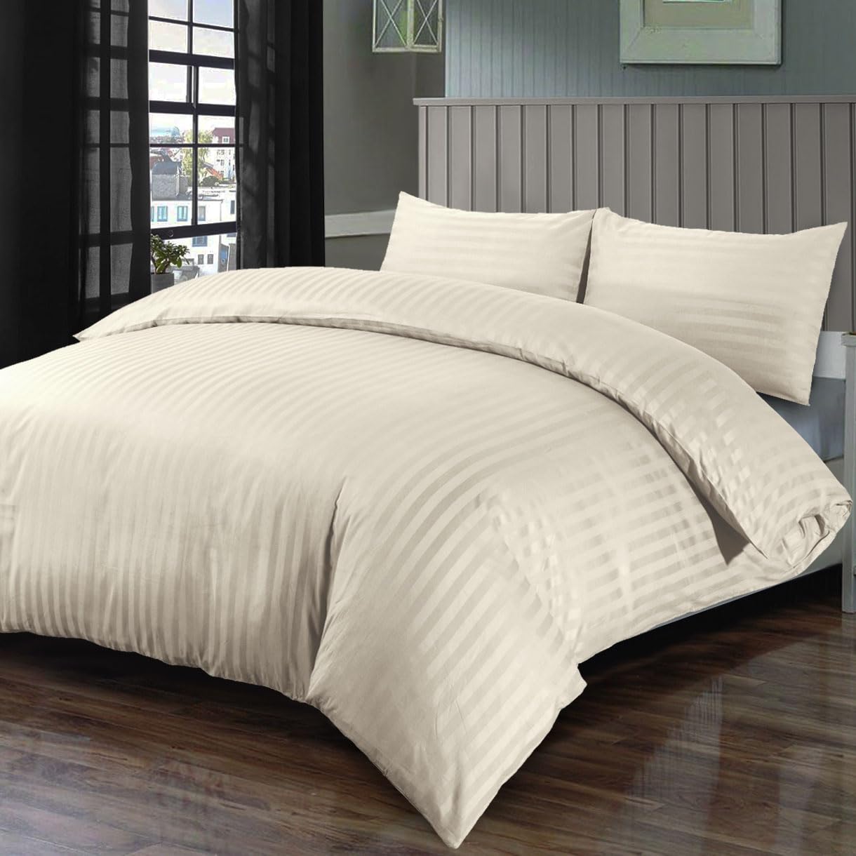 Luxury 400 Thread Count 100% Egyptian Cotton Hotel Collection Satin Stripe 2cm Design Duvet Cover Set Ultra-Soft & Breathable Sateen Weave with Button Closure (Mocha, Super King (260x220cm)) — image 1