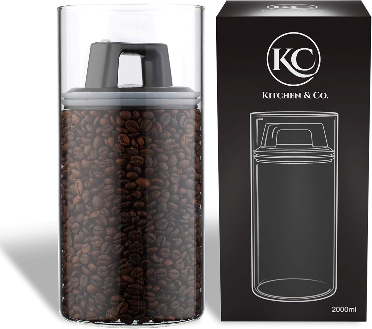 Kc Kitchen & Co. Clear, Black Kitchen&Co. Storage Jars With Vacuum Lid, Airtight Storage, Storage Jar With Lid, Mothproof Jars, Glass Coffee Canister, Bpa-, Borosilicate Glass Container (2000 Ml)