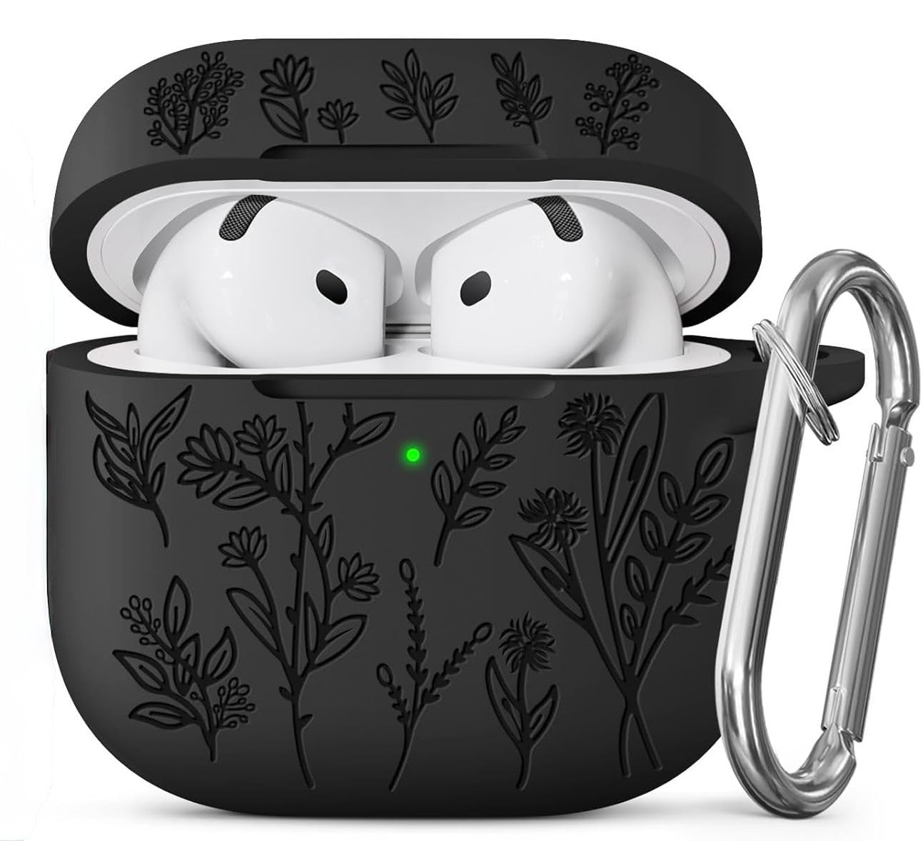 Meyaar Silicone Case for AirPods 4 Floral Embossed, Flower Engraved Soft Silicone Cover with Keychain, Anti-Scratch, Shockproof Protective Case Cover (Black, for AirPods 4 (2024)-image-48