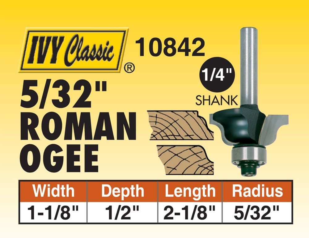 IVY Classic 10842 5/32" Radius Roman Ogee Carbide Router Bit with Ball Bearing, 1/4" Shank, 1/Hang Box, Radius: 5/32", Width: 1-1/8"