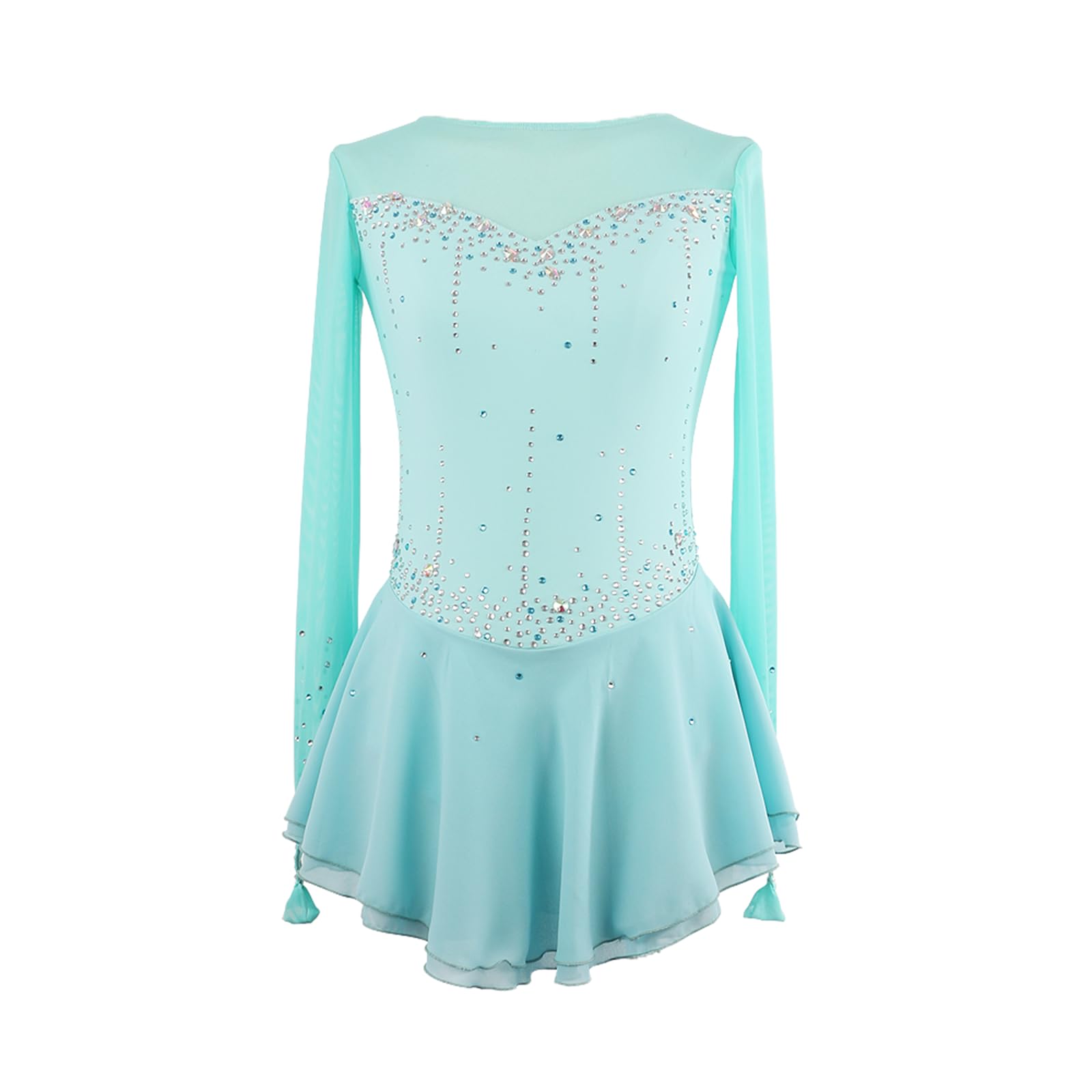 Vestido de patinaje artístico, traje de competición de manga larga con diamantes de imitación, leotardo de danza de ballet lírico y gimnasia, vestido de patinaje sobre hielo (azul aguamarina XXL