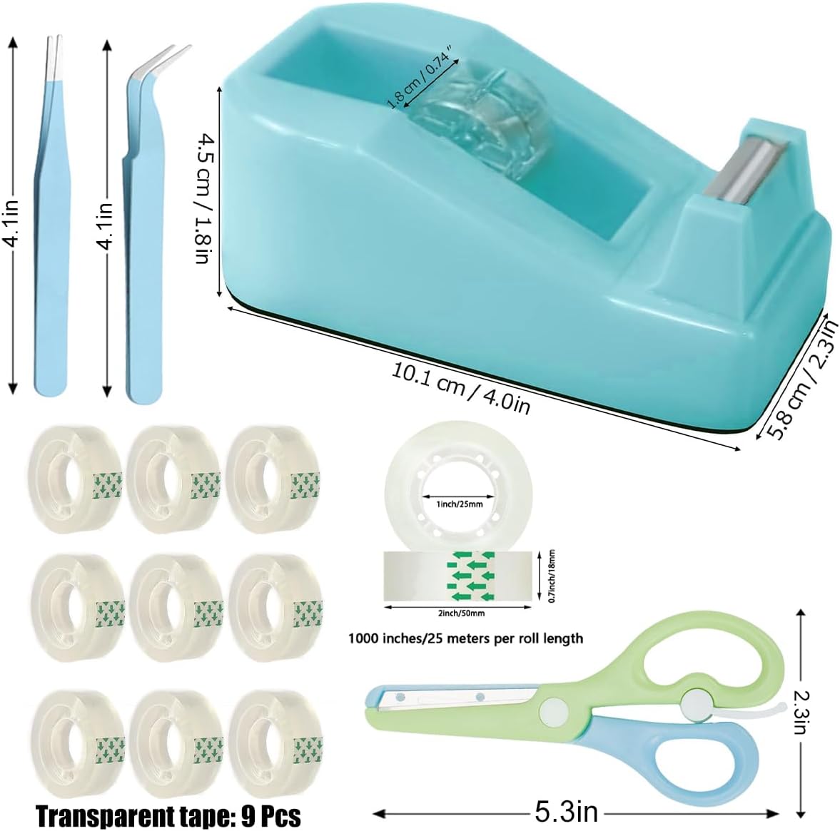 XEUZK Desktop Tape Dispenser Kits with Weighted Nonskid Base Tape Dispenser- Includes 9 Rolls of Transparent Tape(0.71 Inch x 500 inches Each) & Blue Scissors, 2 Pcs Tweezers (Lake Blue)