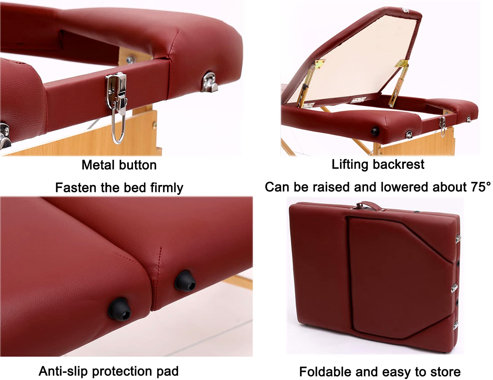 Stół do masażu, 3 składane drewniane nogi Łóżko do masażu ze skóry PU, Stół do masażu z regulacją wysokości, Łóżko spa do masażu 1322 LBS (czerwone)