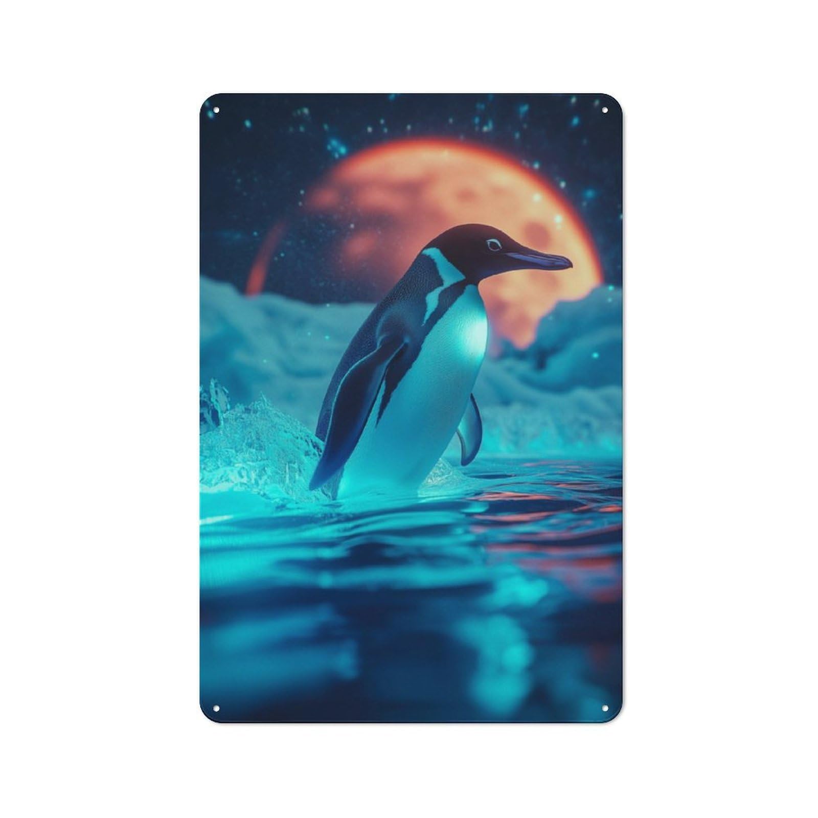 Junmoney Penguin Under A Red Moon Vintage Metal Sign With Design 30X20cm, Vintage Bar Wall Plaque For Cafe, Pub, Workshop Or Home Bar