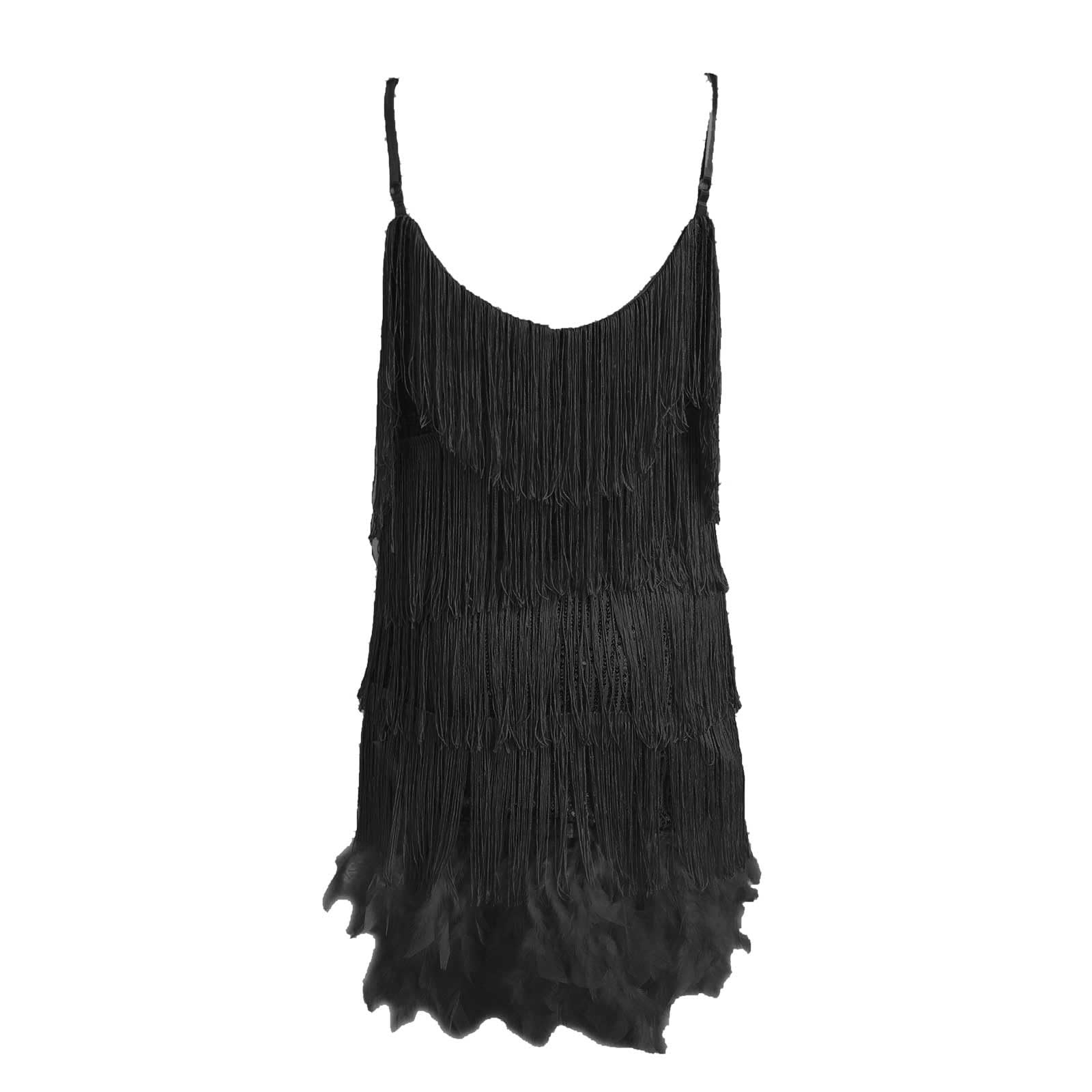 Vestido Femenino Elegante para Noche con Plumas y Lentejuelas de Moda en Tirantes y Escote en V