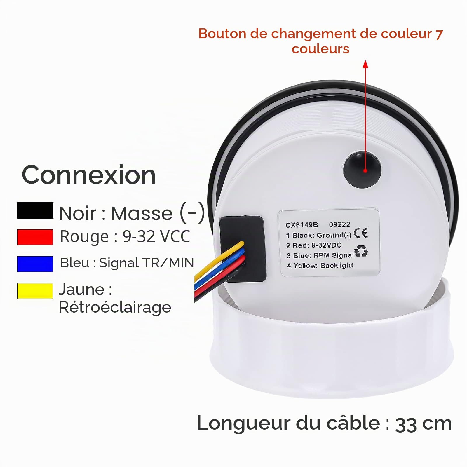 Tachymètre jauge 7 couleurs 85 mm 3-3/8'' compte tour electronique tachymètre de rechange automobile noir 0-6000 tr/min tacométro mètre LED pour voiture, bateau, camion 9-32 V