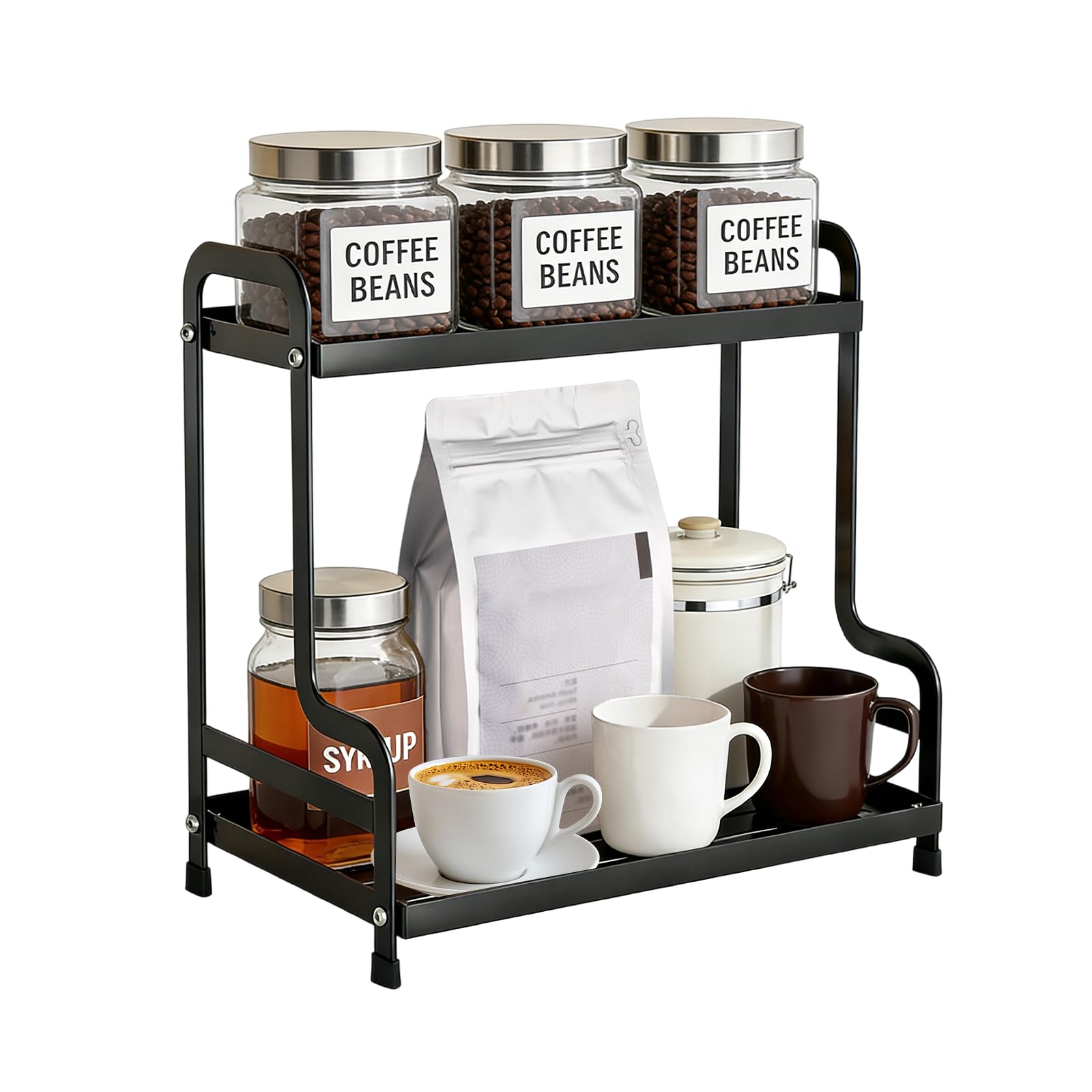 Eidoct Black 2 Tier Coffee Station Organizer For Countertop Coffee Bar Accessories And Organizer, Makeup For Vanity & Bathroom Countertop Organizer, Metal Spice Racks, For Bathroom, Kitchen, Condiment Storage Rack