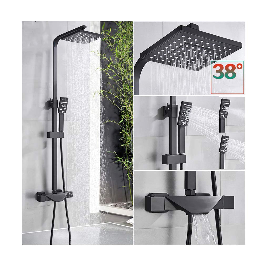 WXPGFEQ Shower Set Thermostatic Shower System Wall Mounted Shower Faucet Set Multifunction Shower Combo Set with Square Shower Head, Handheld Shower, Waterfall Bathtub spout(Black Shower Set B A)