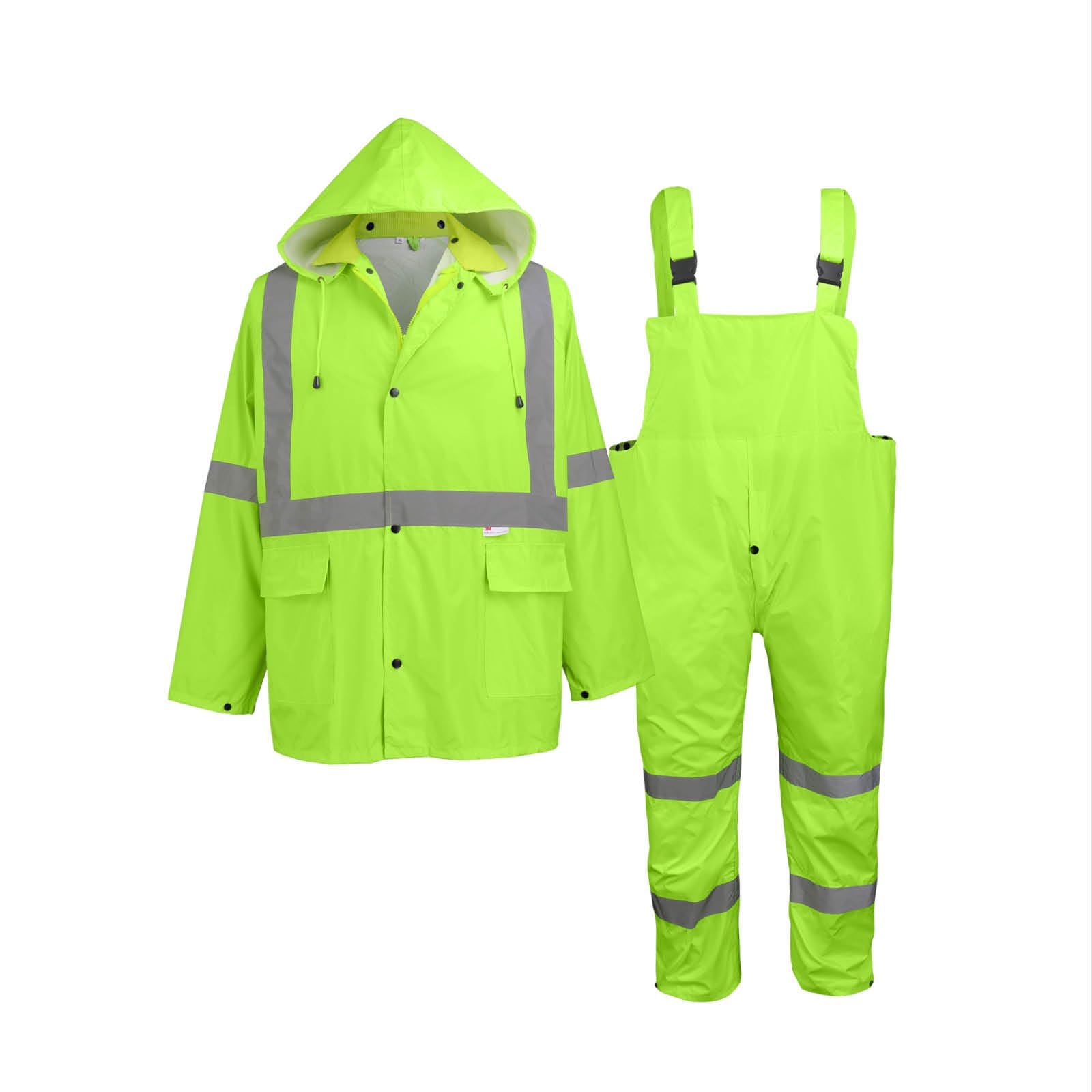 GGS Three-Piece Rain Suit - High Visibility, Waterproof Bibs and Jacket with Detachable Hood, Lightweight Rainwear for Construction, Camping, Hiking,
