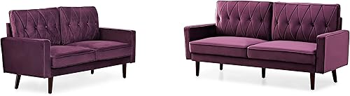 Container Furniture Direct Sofás de terciopelo copetudo de estilo moderno para sala de estar con tapicería de tela suave y marco de madera maciza,