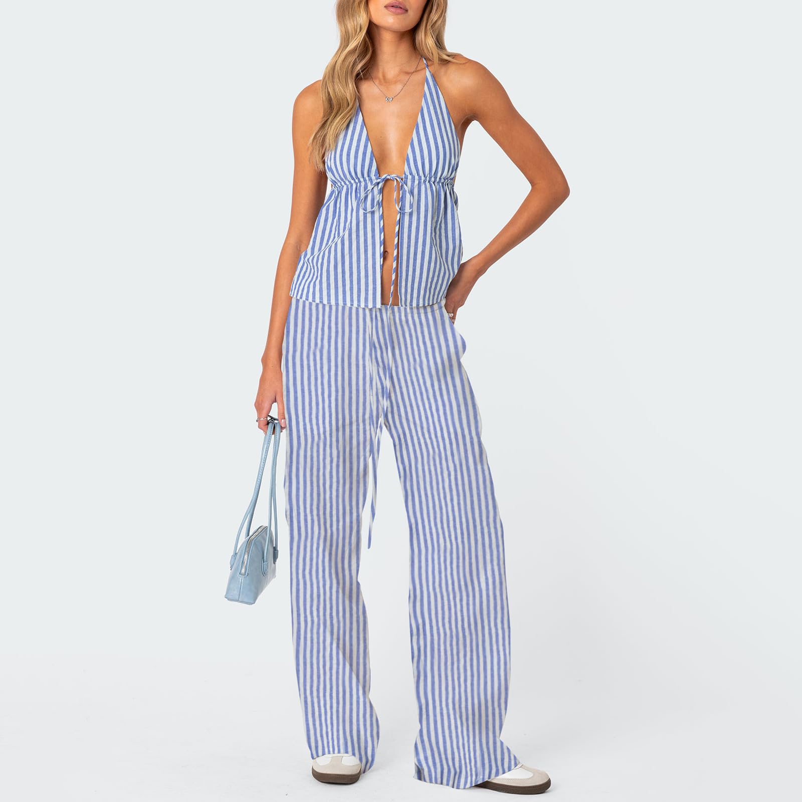 Himllauen 2 Pcs Women Solid Color Summer Autumn Pants Outfits Stripe Tie-Up Halter Neck Backless Sleeveless Tank Tops Wide Leg Pants Clothes Set (Sky blue - Image 3