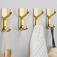 pickpiff Heavy Duty Adhesive Wall Coat Hooks Gold - Stick-On Metal Hangers for Towels, Robes, Jackets, Purses - Rustproof 6kg Hold, 4 Pack Bathroom Kitchen Closet