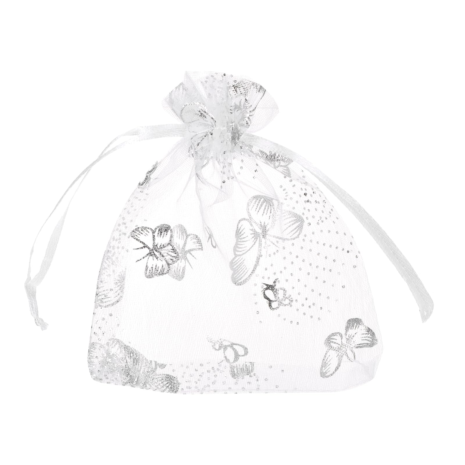 sourcing map Organza Bag 10 x 12cm, Sheer Butterfly Mesh Bags Drawstring Gift Bags Bulk Party Favor Bag Jewelry Pouches for Wedding Candy Valentines (White-Silver, Pack of 100)