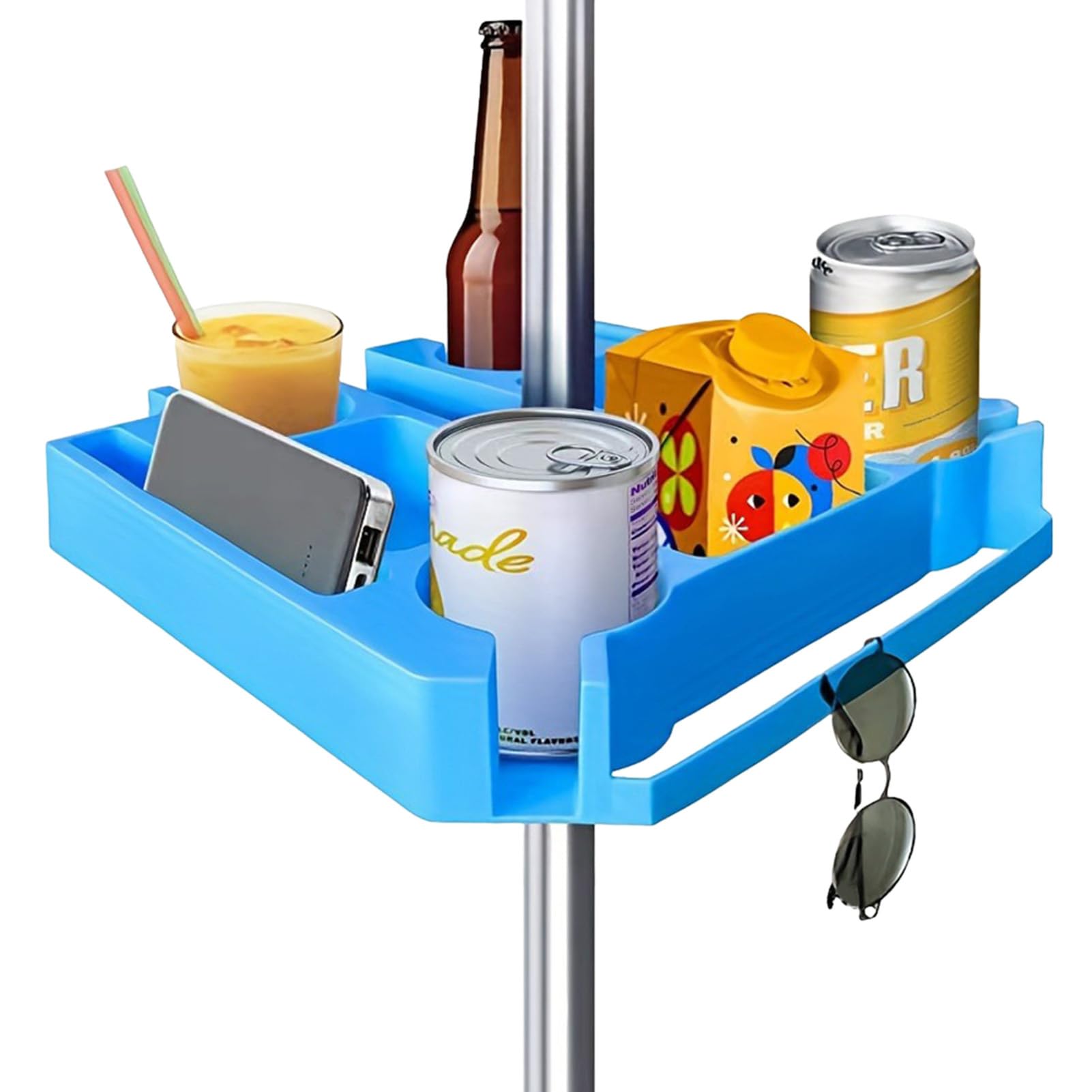 Bandeja Para Mesa Con Sombrilla - Bandeja Para Sombrilla De Playa, Soporte Para Bebidas Con Sombrilla | Bandeja Para Refrigerios Con Portabebidas, Incluidos 4 Portabebidas, 3 Compartimentos Para Refri