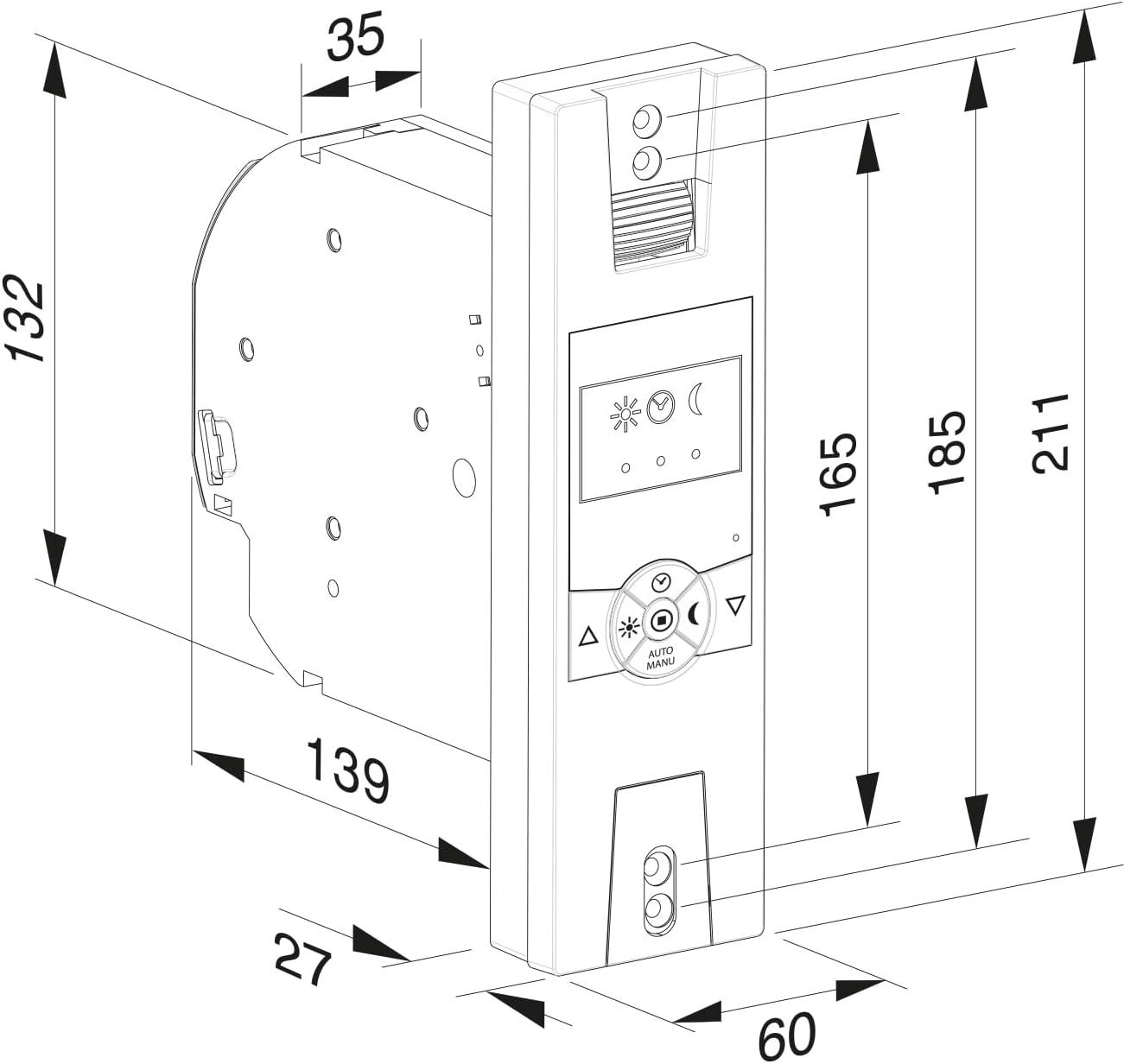 Technical drawing with dimensions for HomePilot Gurtwickler RolloTron Classic