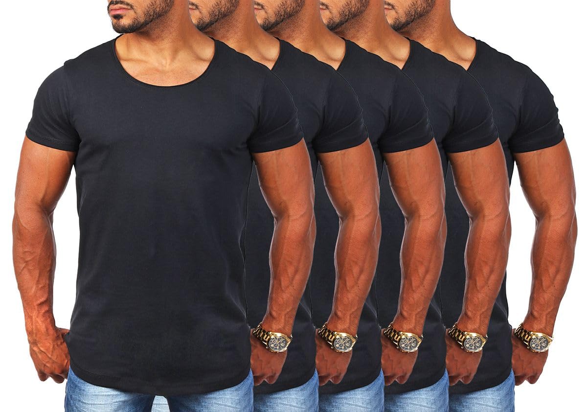 Young & Rich Herren Uni T-Shirt mit tiefem Rundhals Ausschnitt einfarbig körperbetontes Basic Tee Vintage Look 1702