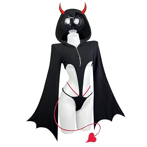 KORURACLUB Sexy bat costume women's adult Bat dress Halloween costume sexy bat onesie - Black - XS-M