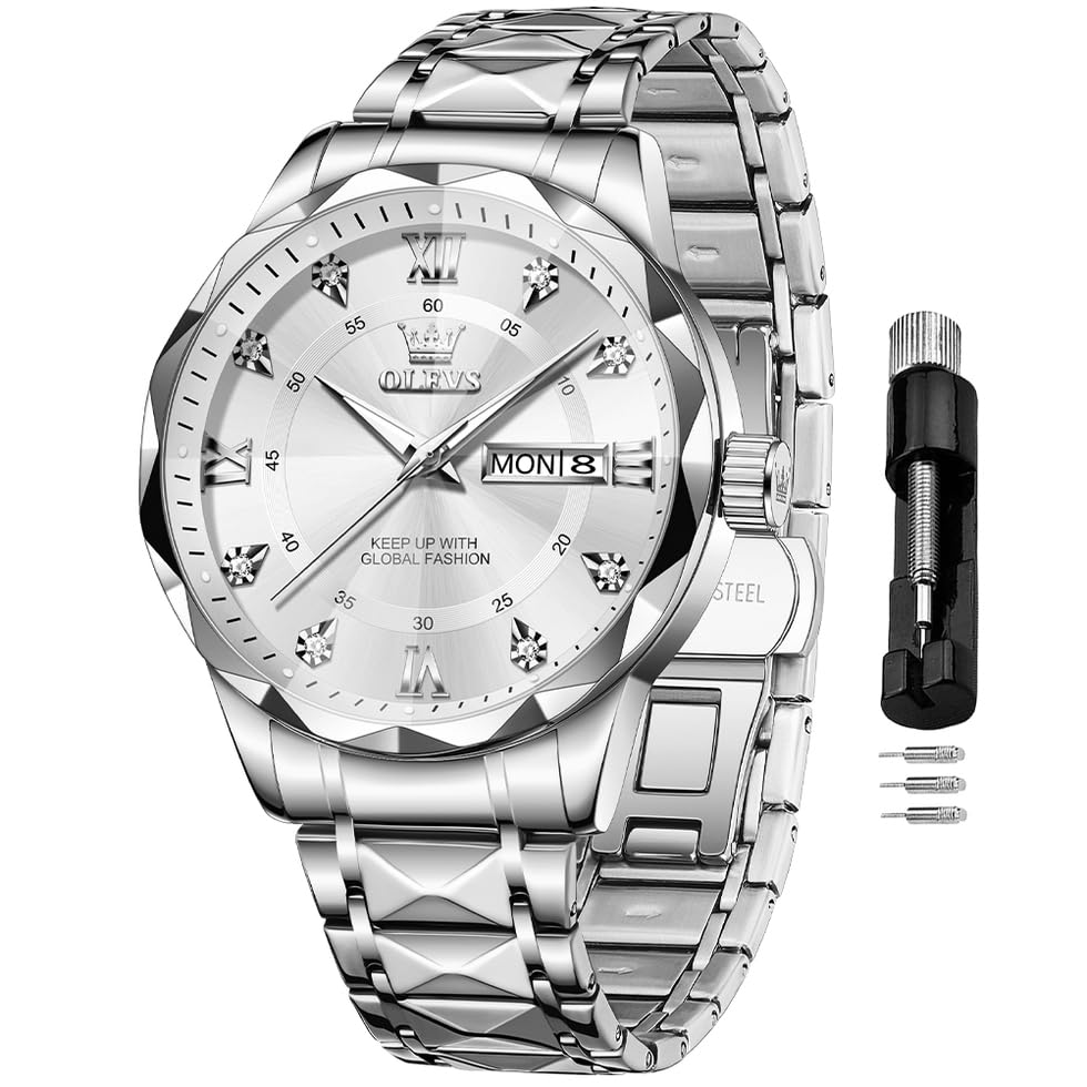 OLEVS Watches for Men Diamond Date Day Calendar White Wrist Watches Quartz Analog Business Stainless Steel Two Tone Waterproof Luminous Men Watch (B0DBZ5N447) Amazon Price History, Amazon Price Tracker