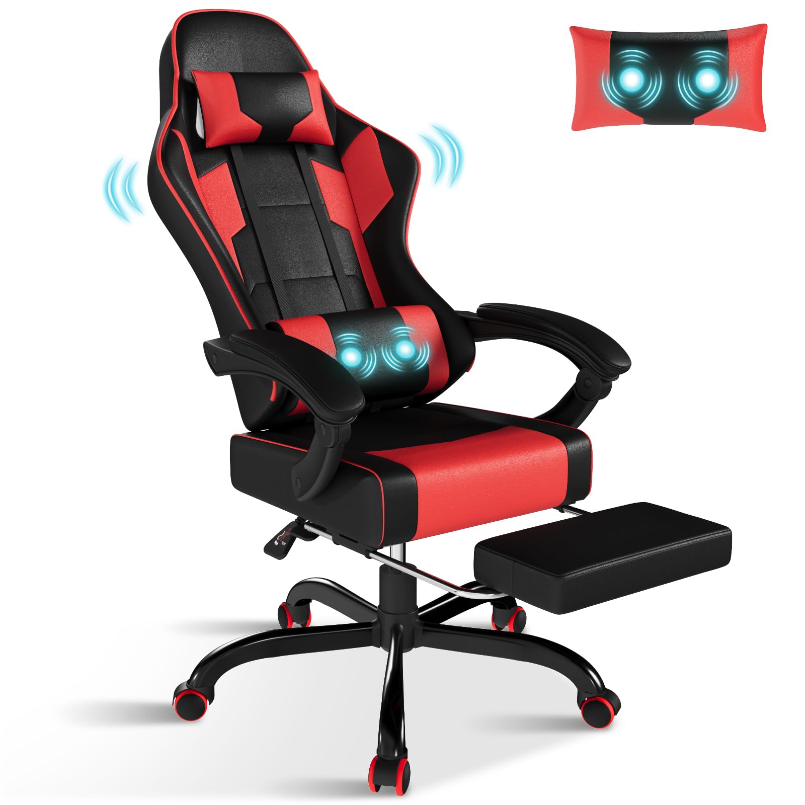 TRIUMPHKEY Sedia da Gaming Massaggiante,Sedia Gaming con Poggiapiedi Telescopico,Regolabile 90-150°,Poltrona da Gaming con Poggiatesta e Cuscino Lombare,Sedia da Ufficio,Portata 150kg(Rosso)