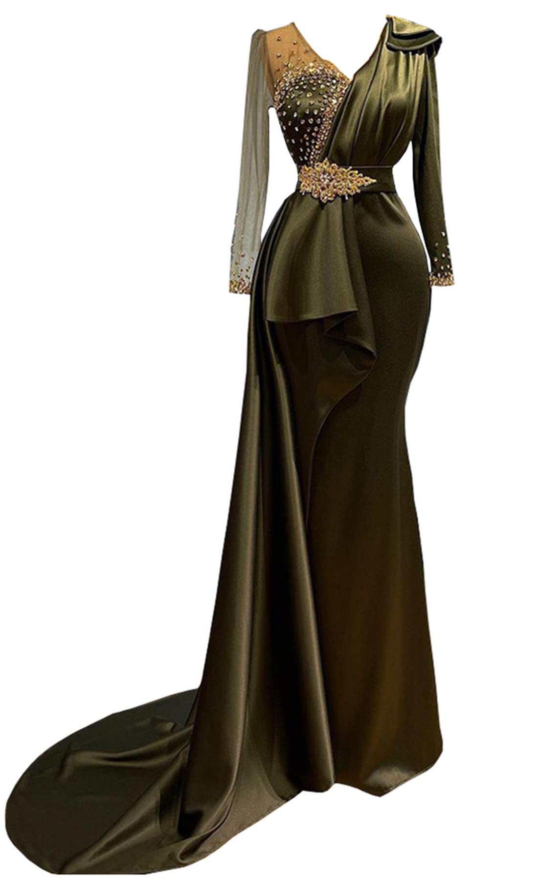 KetingGreen Crystals Satin Mermaid V Neck Prom Shower Party Evening Dress Celebrity Pageant Gown for Wedding