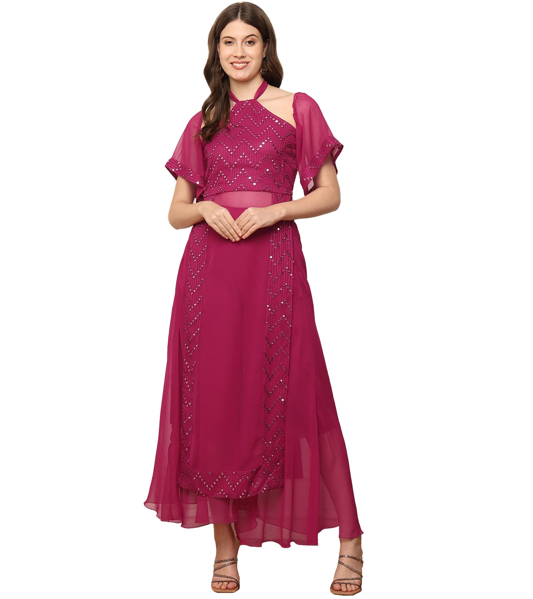 Women's Embroidered with Solid Poly Georgette Ankle Length Tunic with Palazzo|Cord Set for Women Fashion|Jumpsuits Western Dress for Women Stylish|Two Piece Co ord Set|Casual Wear(Magenta)