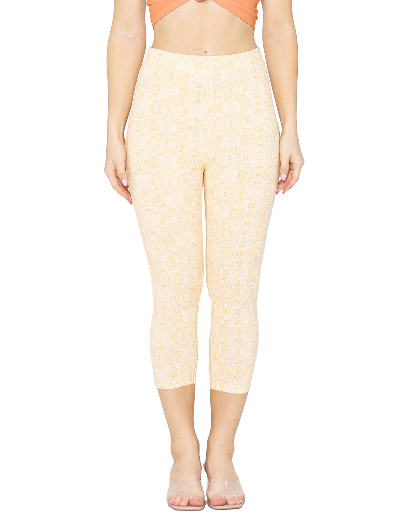 Enorsia Women's High-Waisted Bee Print Cropped Leggings No Front Seam Gym & Sports Yoga Pants Breathable Cotton Blend Running & Dance Workout Leggings (UK, Numeric, 18, XL, Regular, Regular, Yellow)