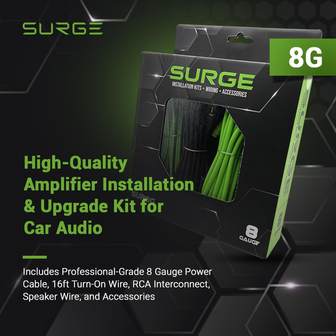 Surge 8-Gauge Car Amplifier Wiring Kit – 20ft Green Power Cable, 20ft RCA Interconnect, 30ft Speaker Wire, Mini-AGU Fuse Holder, Split Loom & Accessories – Car Audio Amp Install Kit