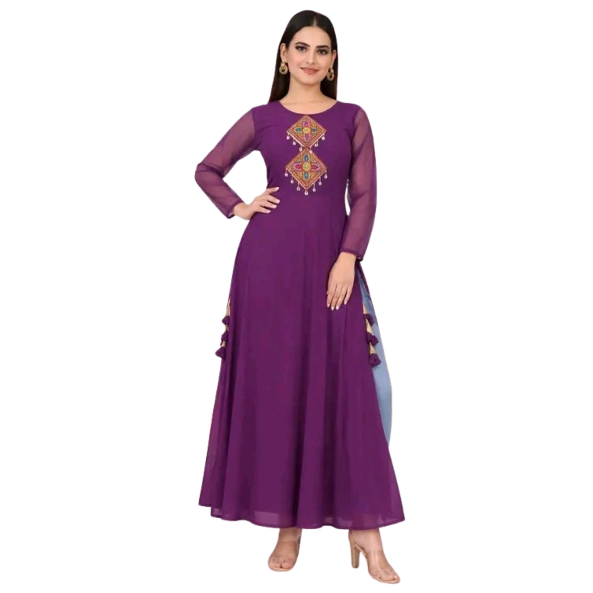 Women Embroidered Anarkali Kurta | Elegant Long Ethnic Gown Dress with Sheer Sleeves Festive Kurti for Women-image-18