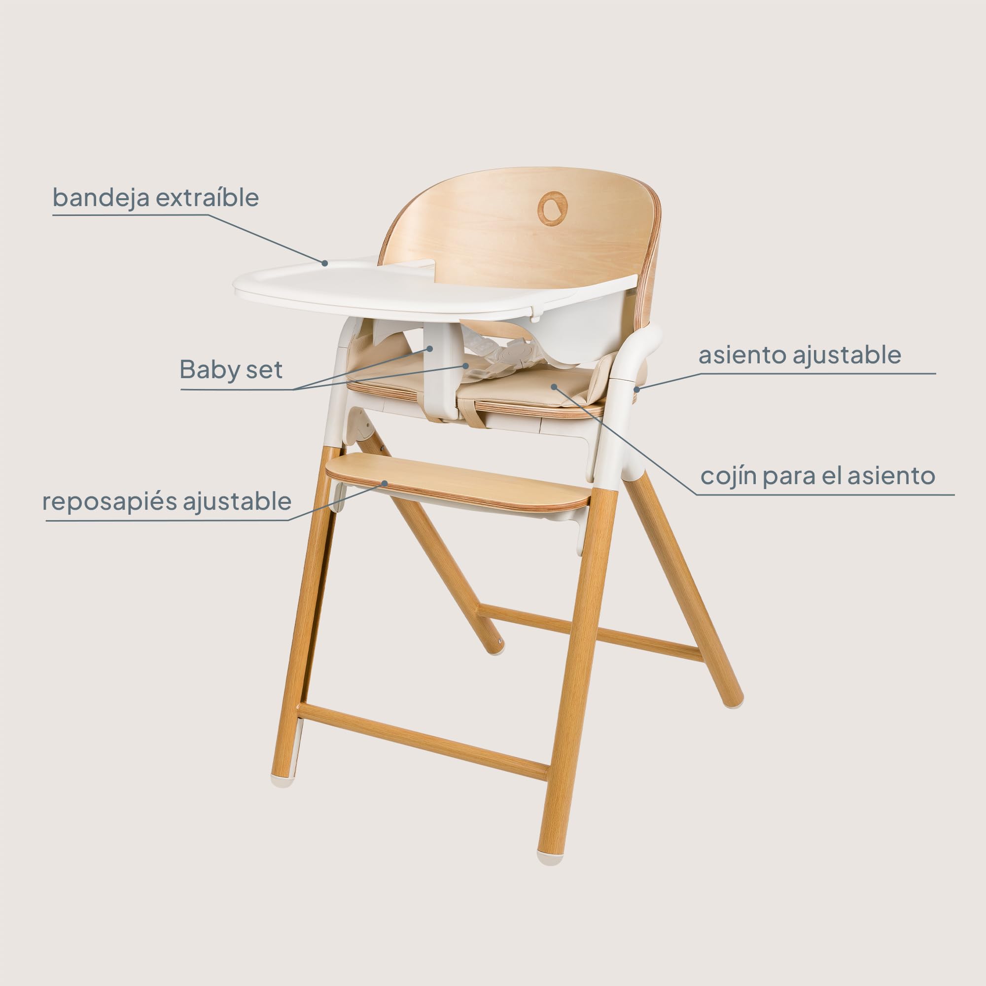 Lionelo Celia Trona Evolutiva de Madera 3‑en‑1 – Crece con el Niño (6 m‑90 kg) | Reposapiés Ajustable, Arnés 5 Puntos, Cojín y Bandeja Fácil de Limpiar