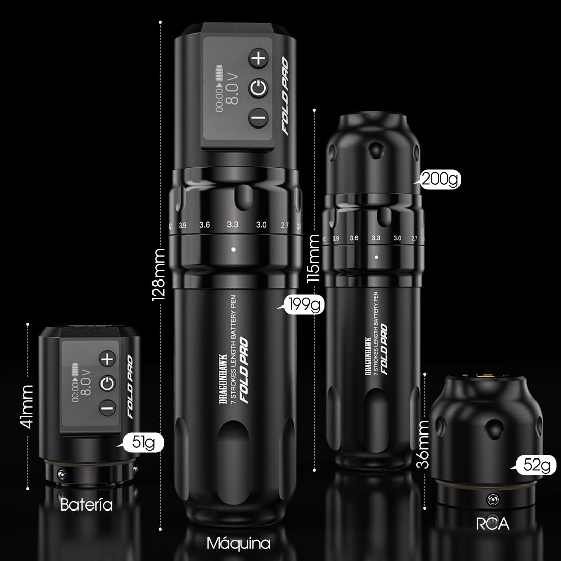 Dragonhawk Fold Pro Máquina de tatuar inalámbrica Bolígrafo con batería de 7 carreras 2.4-4.2mm, 2pcs batería de 1500mAh para tatuadores profesionales