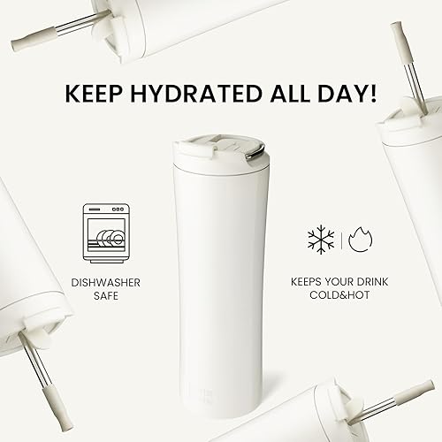 Miniatura 5 de BOTTLE BOTTLE Botella de agua aislada para café con tapa de doble uso y pajita, taza de café de viaje de doble pared para mujer y hombre, vaso de