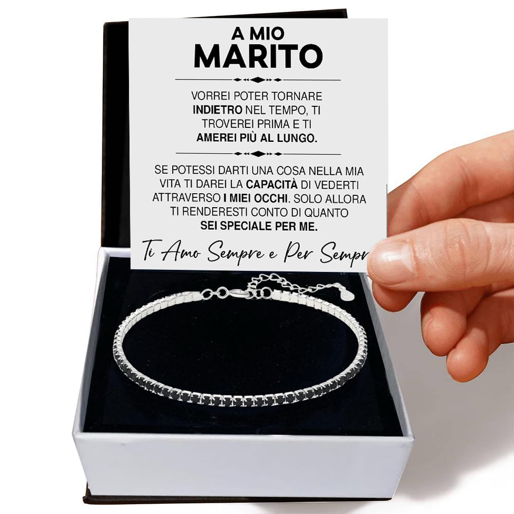 Bracciale Marito Tennis Uomo con Pietre di Zirconia Cubica Idea regalo Compleanno per lui Finitura in Oro Bianco Argento 925 Natale Anniversario - Cofanetto con DEDICA incluso