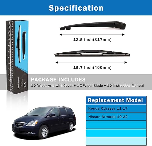 Miniatura 6 de WTI Juego de limpiaparabrisas trasero compatible con Honda Odyssey 2011-2017 Minivan - Kit de limpiaparabrisas trasero, accesorios de repuesto para