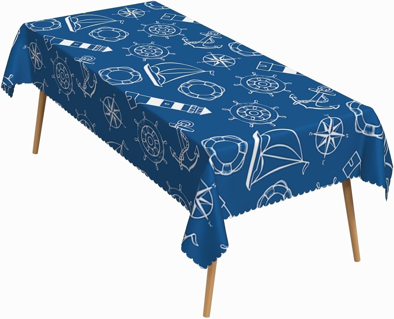 60x120 Inch Nautical Rectangle Tablecloth Vintage Ship Wheel Lighthouse Anchor Compass Navy Blue Table Cloth Waterproof Reusable Table Cover for Dining Kitchen Beach Partyb Picnic BBQ