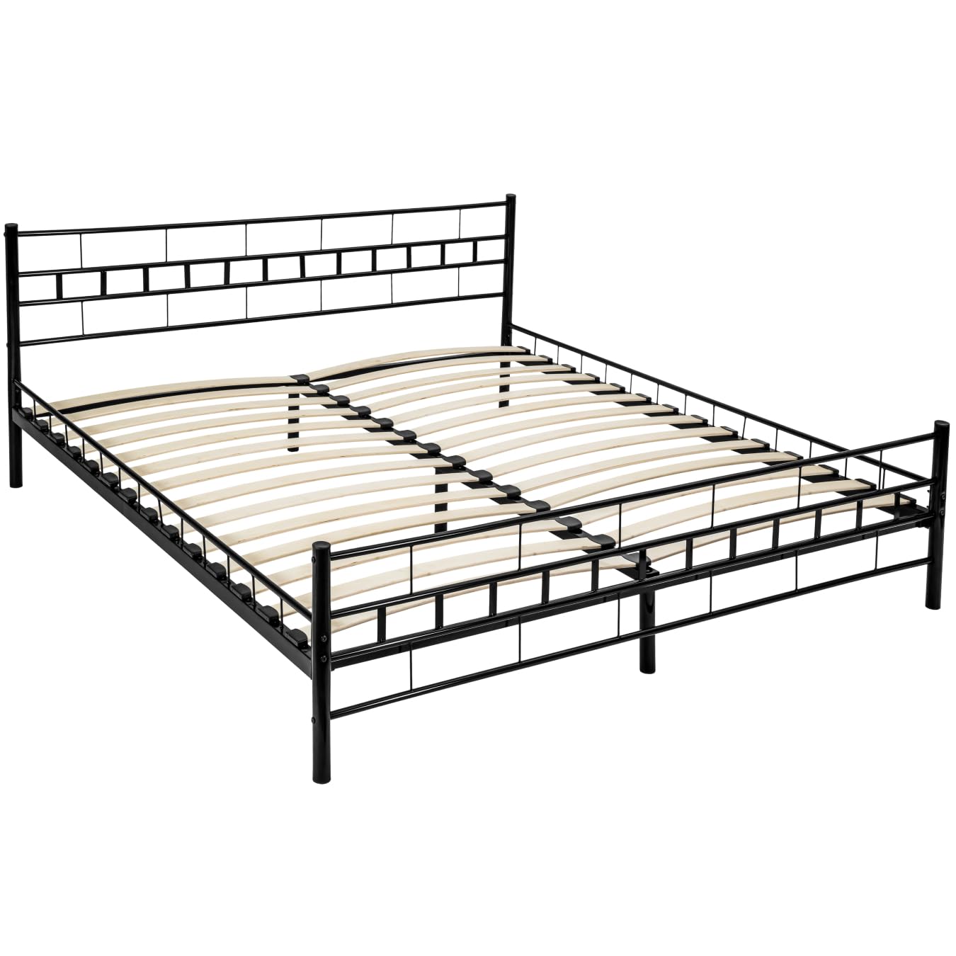 tectake® Cama Matrimonio Estructura de Acero Robusto con Somier de Láminas de Madera, Muebles de Dormitorio, Cama Completa, Resistente, Fácil de Limpiar, Base de Cama - 180 x 200 x 76 cm Negro