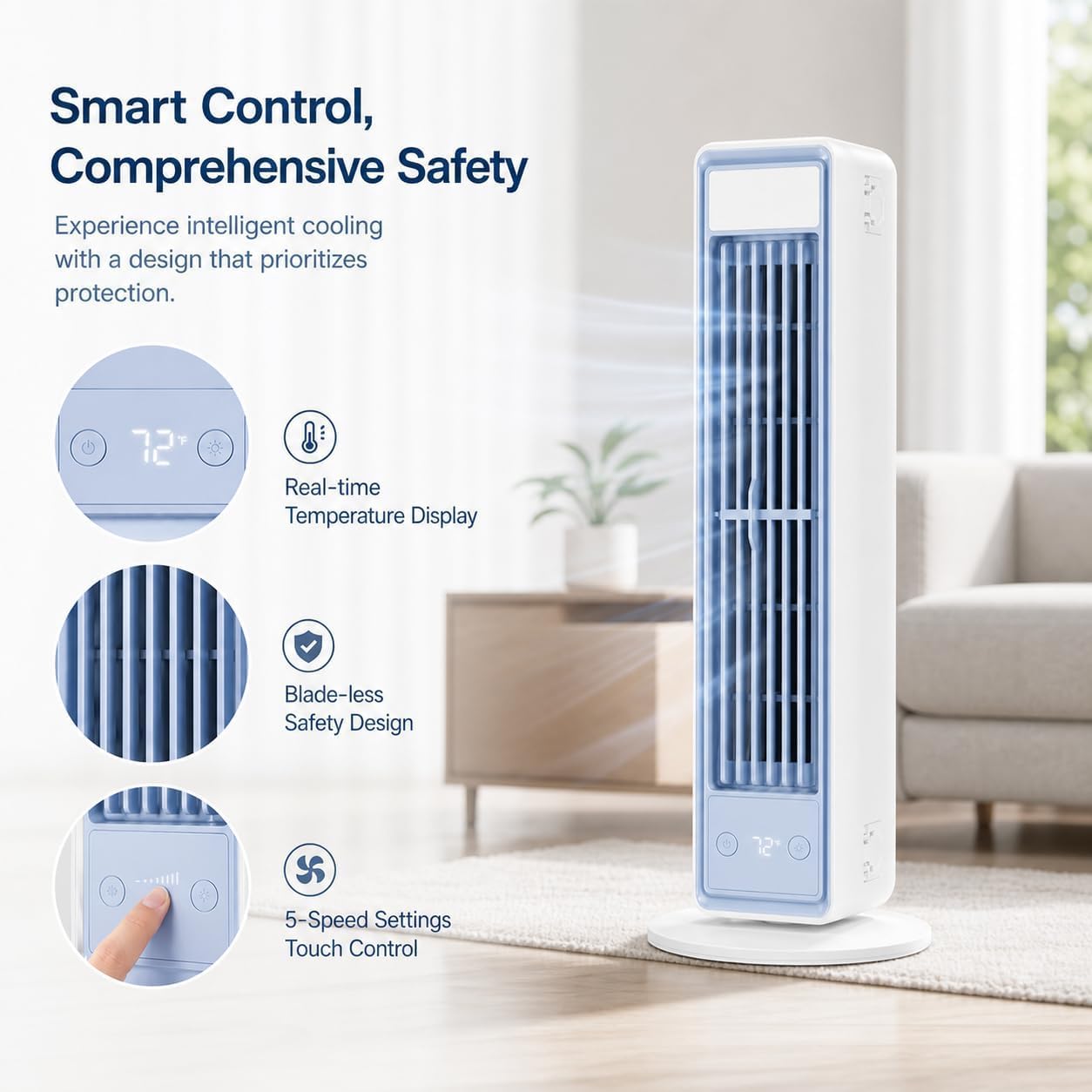 Tragbare Klimaanlage für Schlafzimmer,Luftkühler Wasserkühlung Geräuscharm | Mobiler Luftkühler,Ventilator ohne Flügel mit Nachtmodus,5 Geschwindigkeiten,Zuhause,Wohnbereich,Büro (blau)