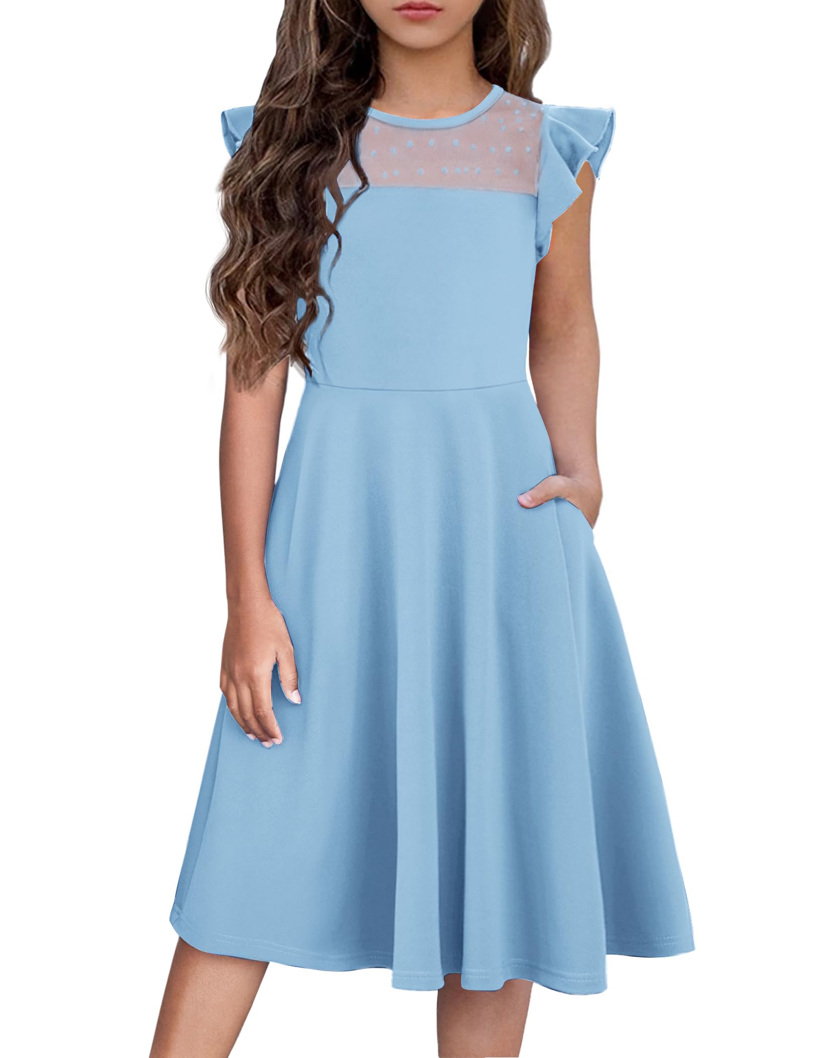 FlypigsGirls Dresses Summer Formal Party Wedding Ruffle Sleeve Mesh A Line Dress with Pockets