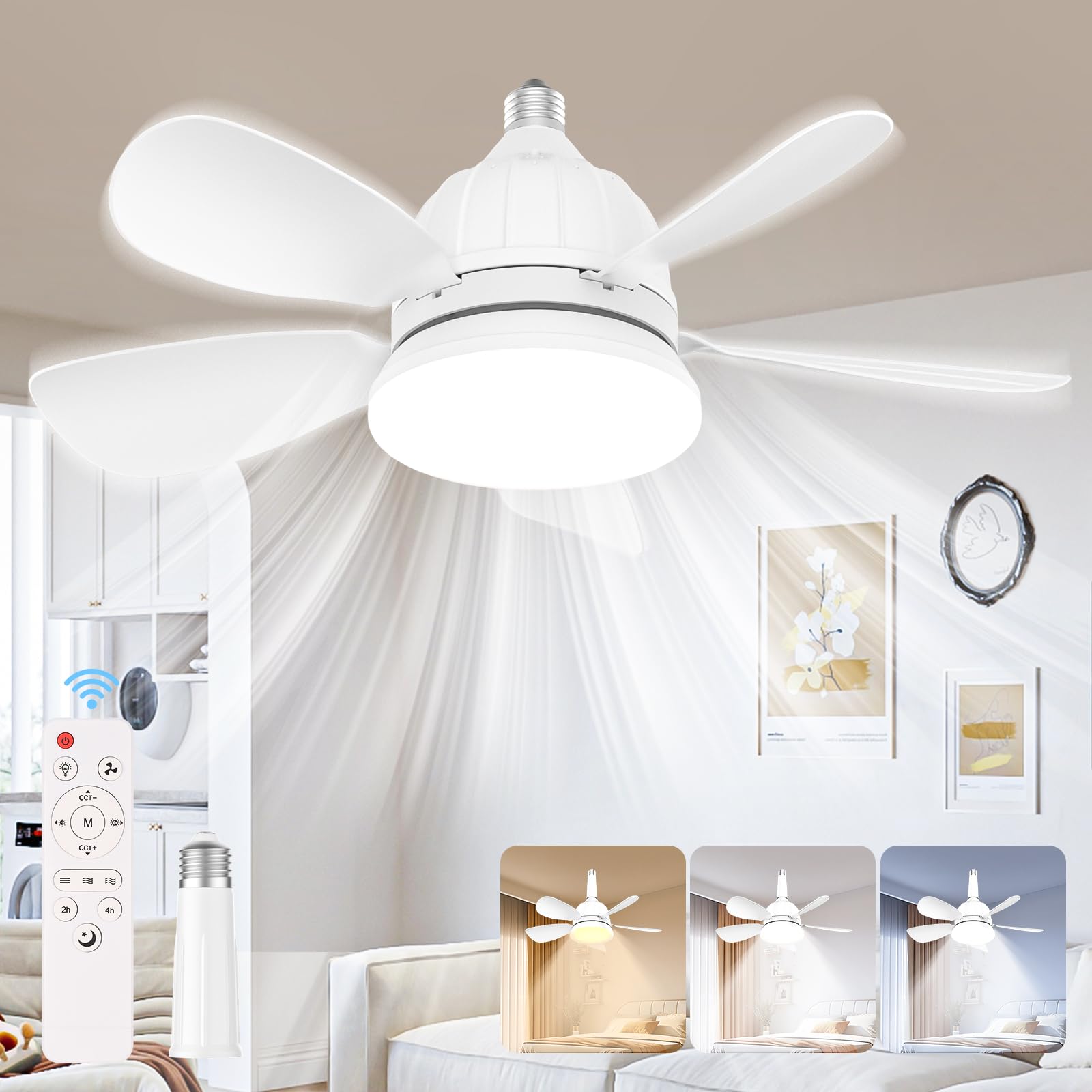 Ventilatore da Soffitto con Luce, Lampadario con Ventilatore Soffitto e Telecomando, 3 Velocità, 5 Pale, 46cm per Camera da Letto, Cameretta dei Bambini(Senza portalampada E27)