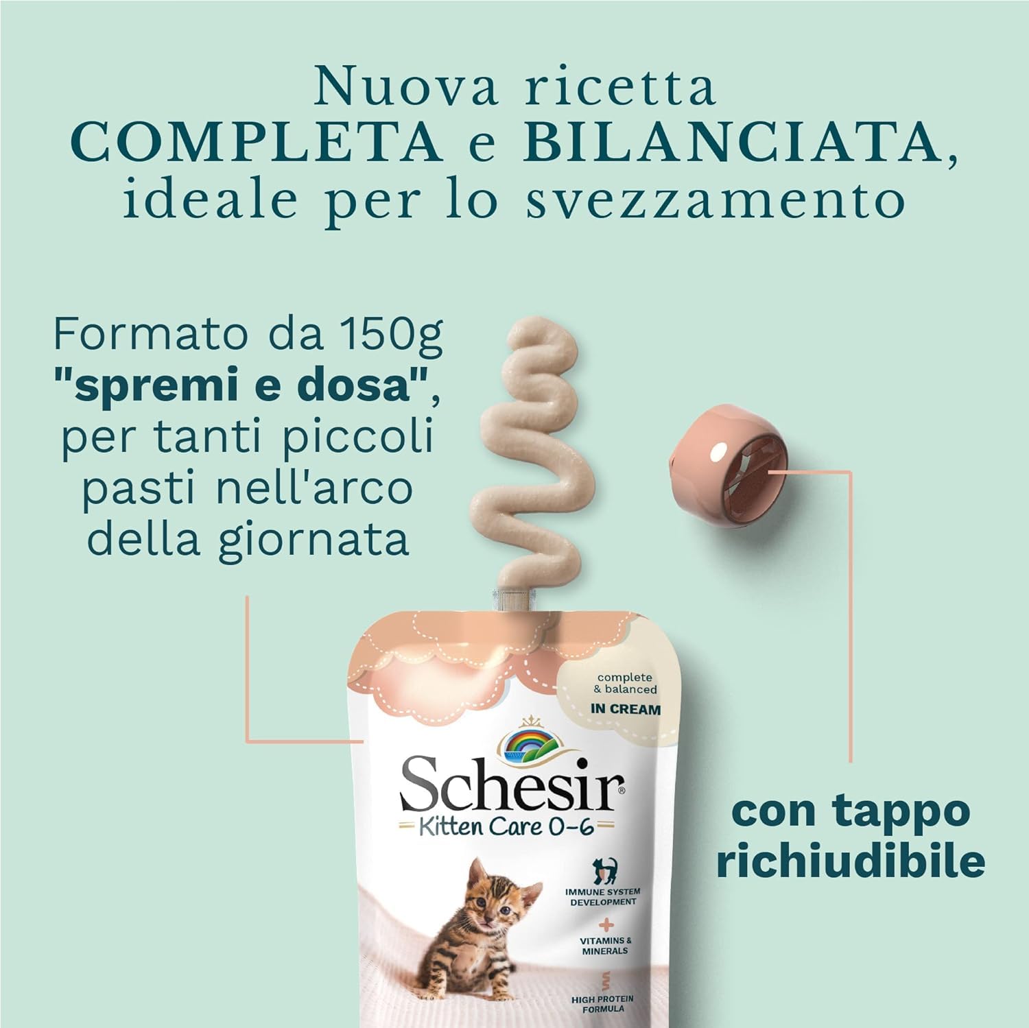 Schesir Cat Kitten Cream Kurczak – mokra karma dla młodych kotów – kremowa karma dla kur dla kotów mokra bez zbóż, z dużą ilością białka, witamin i minerałów (20 x 150 g woreczka)