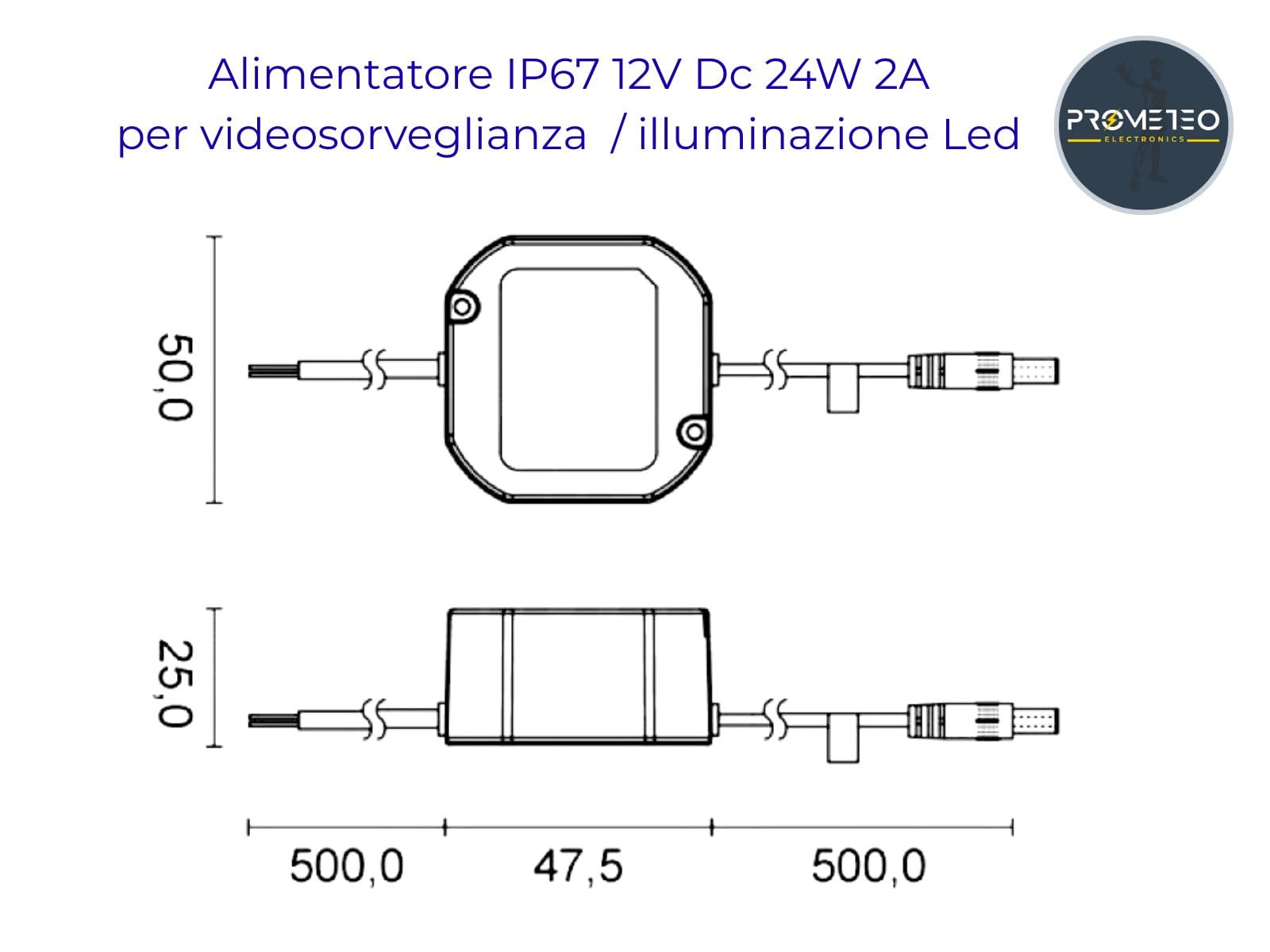 Alimentatore IP67 12V Dc 24W 2A da incasso su 503 compatibile per videosorveglianza/illuminazione Led - 47.5 x 50 x 25mm